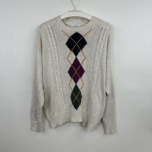 Vintage WinterSilks Mens XL 100% Silk Knit Sweater Cream Argyle Crew Neck Golf
